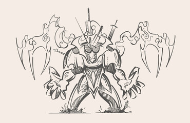 Fototapeta na wymiar Big demon boss in armor with ghostly hands from the video game sketch