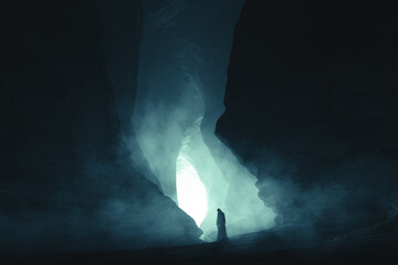 silhouette of a woman in cloak in dark cave - obrazy, fototapety, plakaty