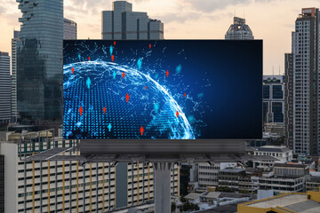 World planet Earth map hologram of social media icons over sunset panoramic cityscape of Bangkok, Southeast Asia. The concept of people connections.