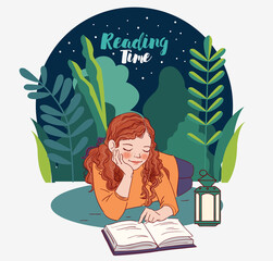 Cute girl reading a book in the garden. Nature landscape background. Summer holidays illustration. Vacation time