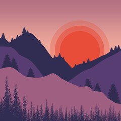 sunset in mountains landscape with trees in flat design 