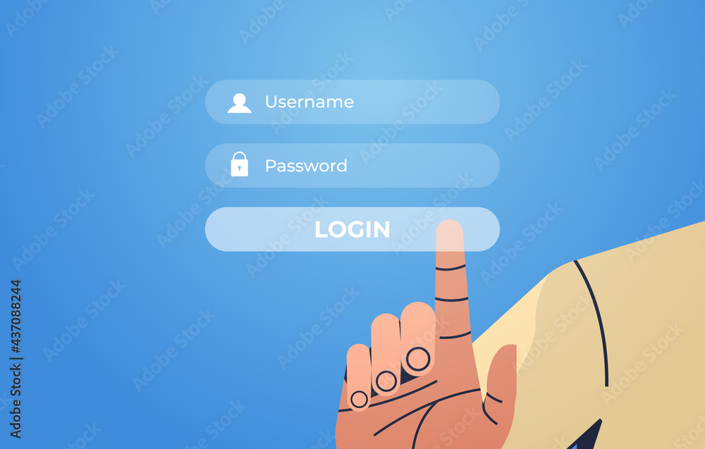 Poster human hand pressing login button on virtual screen authorization internet networking concept