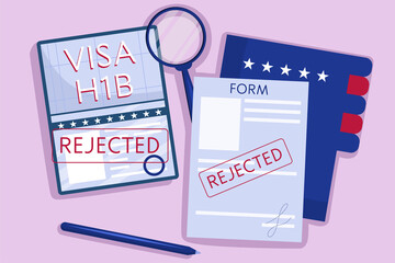 The concept an rejected American work visa, h1b. Top view, passport with green stamp, pen, and a folder of documents. Vector illustration in flat style