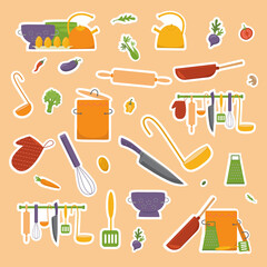 Sticker pack kitchen tools and vegetables for cooking food. Print for recipe book. Vector illustration isolated on background. EPS 10
