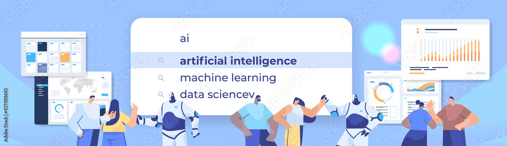 Poster mix race people and robots choosing ai in search bar on virtual screen artificial intelligence inter