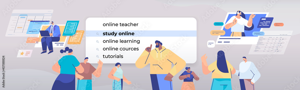 Poster mix race people choosing study online in search bar on virtual screen internet networking concept