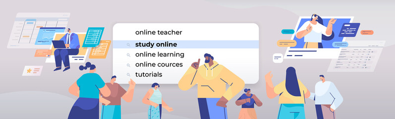 mix race people choosing study online in search bar on virtual screen internet networking concept