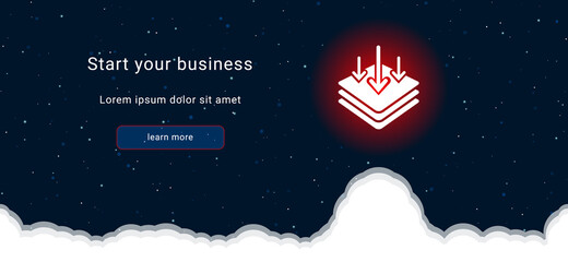 Business startup concept Landing page screen. The absorbent symbol on the right is highlighted in bright red. Vector illustration on dark blue background with stars and curly clouds from below