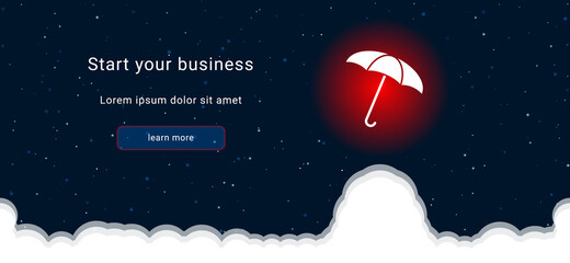 Business startup concept Landing page screen. The umbrella symbol on the right is highlighted in bright red. Vector illustration on dark blue background with stars and curly clouds from below