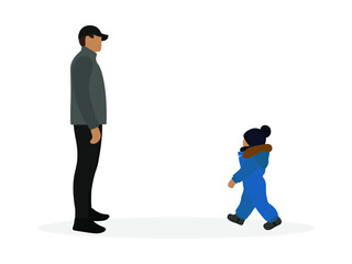 Small child in warm clothes walks towards a male character on a white background