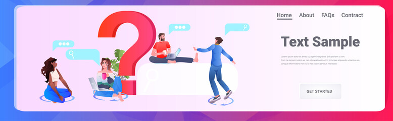 people standing near question mark online consultation client support center concept horizontal