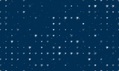 Naklejka na ściany i meble Seamless background pattern of evenly spaced white cosmic symbols of different sizes and opacity. Vector illustration on dark blue background with stars