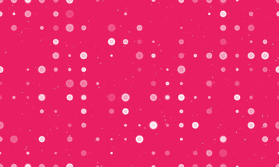 Seamless background pattern of evenly spaced white gramophone record symbols of different sizes and opacity. Vector illustration on pink background with stars