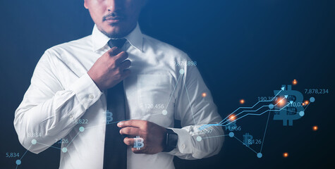 Naklejka premium Businessman using smartphone To trade business finance online anytime, anywhere using a web browser. online trading ideas 