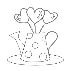 Retro watering can with polka dots, with a bouquet of three hearts on sticks, isolated on a white background.