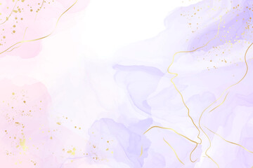 Abstract two colored rose and lavender liquid marble background with gold stripes and glitter dust. Pastel pink violet watercolor drawing effect. Vector illustration backdrop with gold splatter - obrazy, fototapety, plakaty
