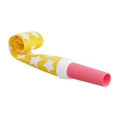 Party blower 3d render illustration. Pink and yellow rolled paper whistle with stars for birthday or holiday celebration - obrazy, fototapety, plakaty