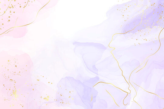 Abstract two colored rose and lavender liquid marble background with gold stripes and glitter dust. Pastel pink violet watercolor drawing effect. Vector illustration backdrop with gold splatter