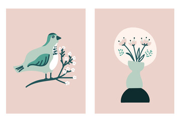 Set of Spring card bird on blossom brunch, vase of flowers greeting season 