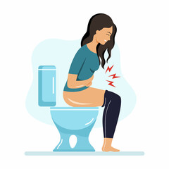 Girl is experiencing abdominal pain. Woman is sitting in  toilet. Constipation and hemorrhoids. Problems with defecation.