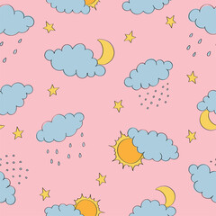Seamless pattern with clouds, sun and moon, rain and snow on pink background. Background for poster, cover booklet, banner, surface design.
