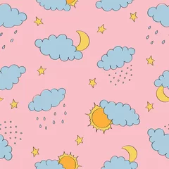 Fototapete Rund Seamless pattern with clouds, sun and moon, rain and snow on pink background. Background for poster, cover booklet, banner, surface design. © Yaryna