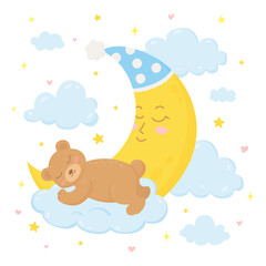 Cute baby bear sleeping on the cloud beside with moon