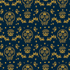 Cute day of the dead background. On a dark skull pattern for Halloween textiles in Mexico. Vector children's illustration of doodles with bones. Vector illustration