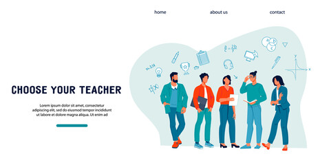 College, university graduation or online education web banner concept with young scholars or teachers, flat vector illustration. University or other educational institution webpage interface mockup.