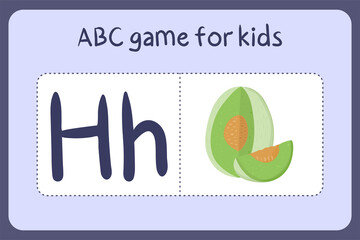 Kid alphabet mini games in cartoon style with letter H - hazelnut. Vector illustration for game design - cut and play. Learn abc with fruit and vegetable flash cards.