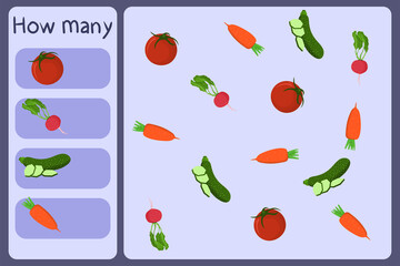 Kids mathematical mini game - count how many vegetables - tomato, radish, zucchini, carrot. Educational games for children. Cartoon design template on colorful backdrop. Vector graphic.