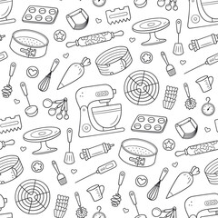 Fototapeta Seamless pattern with tools for making cakes, cookies and pastries. Doodle confectionery tools - stationary dough mixer, baking pans and pastry bag. Hand drawn vector illustration on white background. obraz
