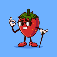 Cute Strawberry fruit character with eye glass and OK hand gesture. Fruit character icon concept isolated. flat cartoon style Premium Vector