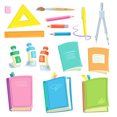 Set of school items. Books, exercise books, pen, pencils, compass, paints, brush, eraser and rulers. In cartoon style. Isolated on white background. Vector flat illustration