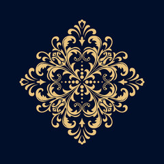 Damask graphic ornament. Floral design element. Gold and dark blue vector pattern