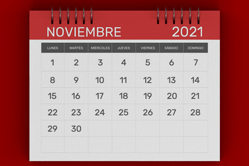 3d rendering of Business monthly calendar in Spanish with metal spiral-bound, the week starts on Monday. Monthly Pages with red title, isolated on red background. Spanish calendar for November 2021