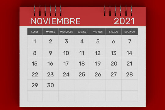3d rendering of Business monthly calendar in Spanish with metal spiral-bound, the week starts on Monday. Monthly Pages with red title, isolated on red background. Spanish calendar for November 2021
