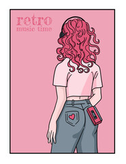 girl silhouettes in cartoon style, with small tape recorder, rose colours