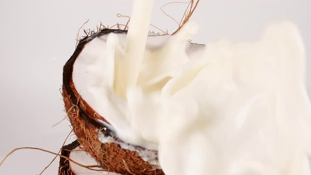 Slow Motion Shot of Milk Splashing on Coconut on White Background. Healthy Food. Macro Shot. High quality FullHD footage