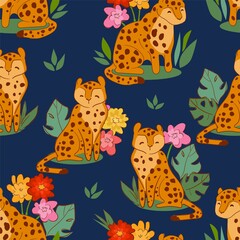 Naklejka premium Cute leopard and flowers pattern seamless tropical print design, vector illustration Childrens design print