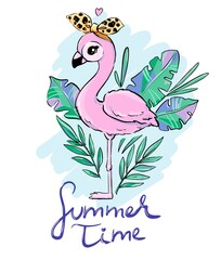 Hand drawn Cute Flamingo with leopard bow with tropical leaves Summer print vector illustration Summer Time letters