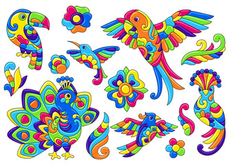 Obraz premium Set of decorative tropical birds. Mexican ceramic cute naive art.