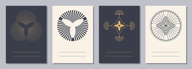 Set of flyers, posters, placards, brochure design templates A6 size with geometric icons. Sacred, esoteric geometry symbols. Striped shapes. Vertical color blanks with sacral geometric signs.