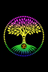 The tree of life. Blue yellow green and purple colors. Spiritual, mystical and ecological symbol. Vector art graphic.