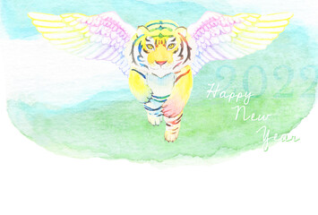 <水彩画>美しく空を羽ばたく、翼の生えた神秘的な虎の手描き年賀状素材(Happy New Year)