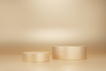 3D render gold color background with geometric shapes, pedestal empty on two floors, circle wall shape, gradient from small to large, the platform composition for background product presentation