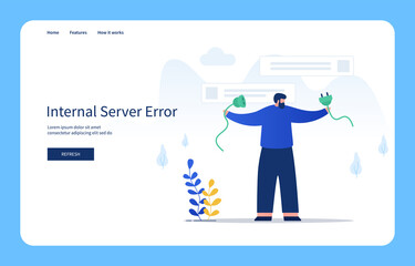 Modern Flat Design Concept Man Holding Broken Cable, Internal Server Error For Website And Mobile Site. Empty States