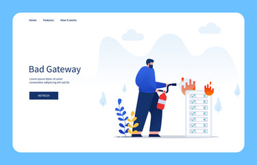 Modern Flat Design Concept Man Putting Out Fire On The Server Using Fire Extinguisher, Bad Gateway For Website And Mobile Site. Empty States