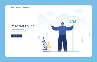 Modern Flat Design Concept Man With Confused Gestures Standing In Front Of 404 Sign, Page Not Found For Website And Mobile Site. Empty States