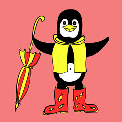 penguin, ice, penguin in a hat,penguin in rubber boots with a fish and an umbrella, picture for children's holidays, print on an air balloon, print for printing pictures for a birthday, birthday card,